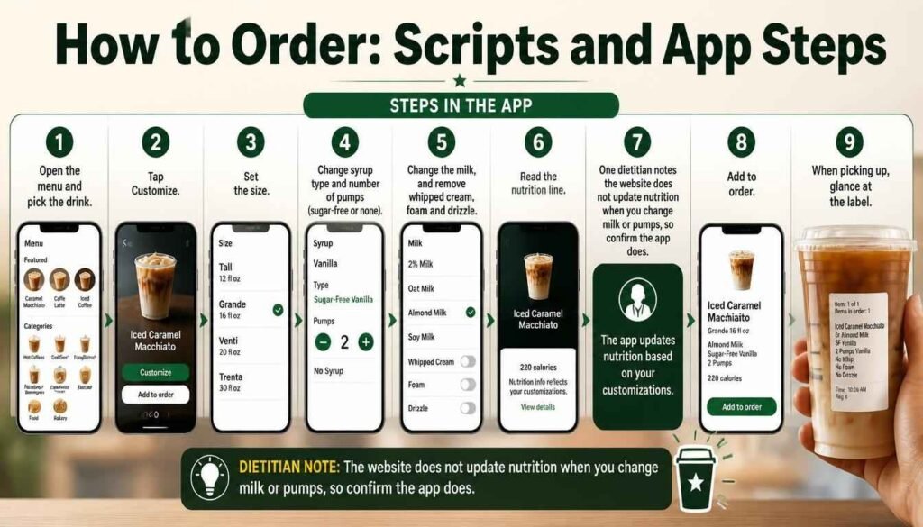 Steps in the app

Open the menu and pick the drink.

Tap Customize.

Set the size.

Change syrup type and number of pumps (sugar-free or none).

Change the milk, and remove whipped cream, foam and drizzle.

Read the nutrition line. One dietitian notes the website does not update nutrition when you change milk or pumps, so confirm the app does.

How to Order: Scripts and App Steps